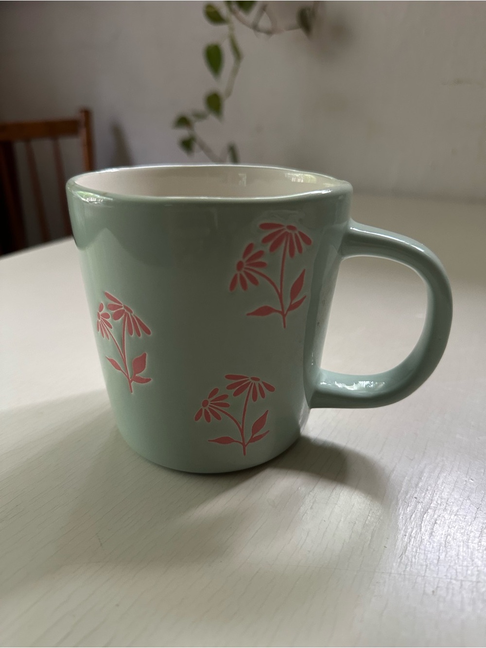 Sunday Morning Ceramics Coffee Mug Mint Green Etched Pink Floral